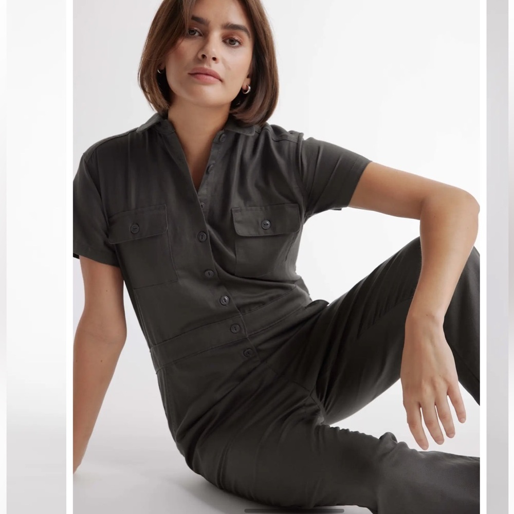 Women's Cotton Linen Twill Short Sleeve Coverall Jumpsuit Size L/G - Picture 3 of 9